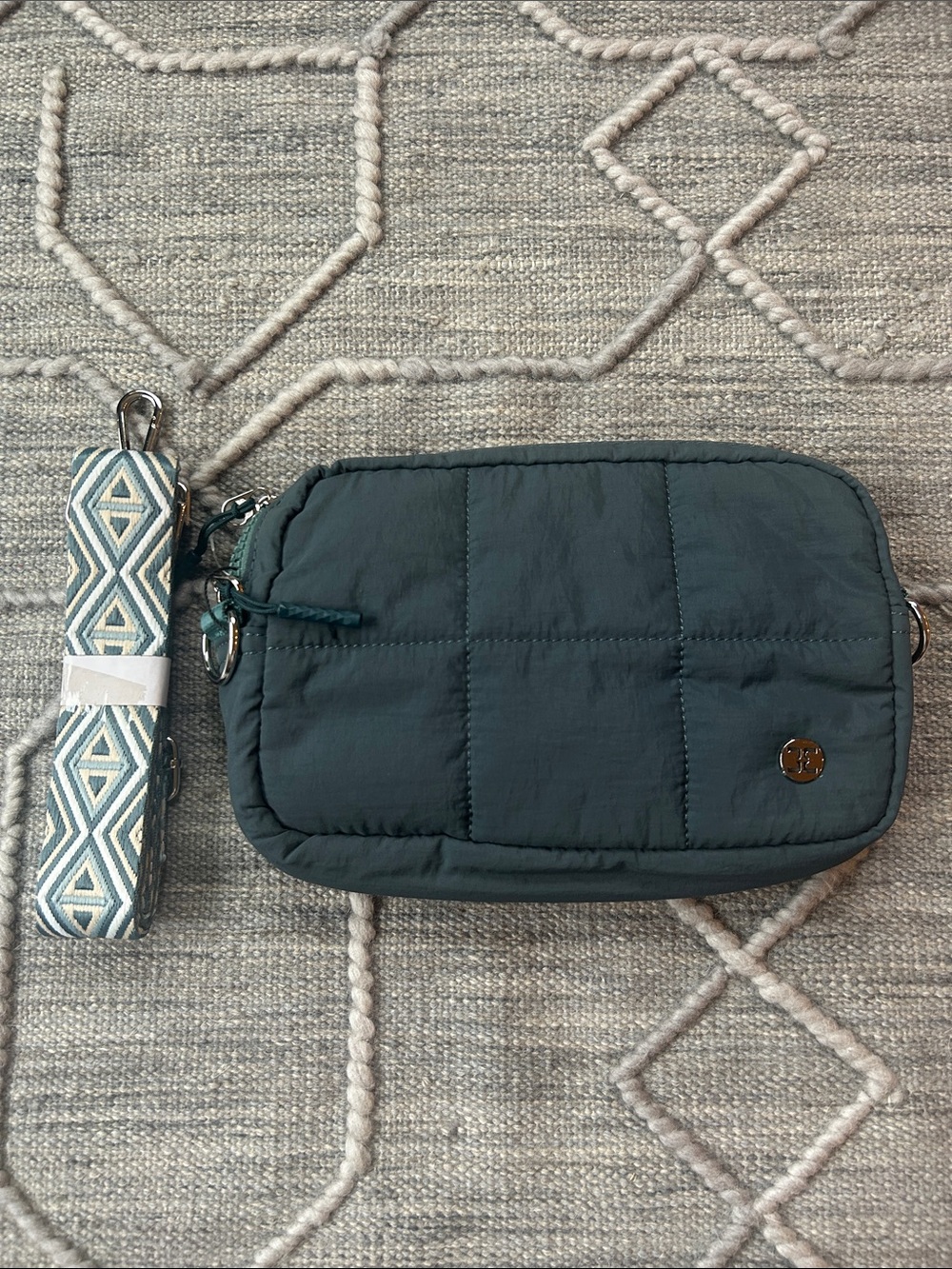 Authentic Telena Quilted Nylon Crossbody Bag in Teal Blue w Patterned Strap-NWT